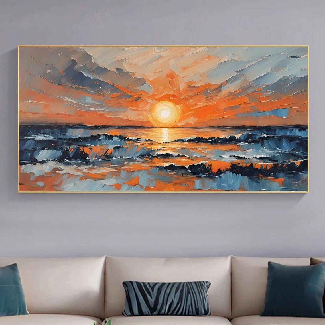 Bold Sunrise Ocean Dark Waves Orange Sky Dramatic Art Poster