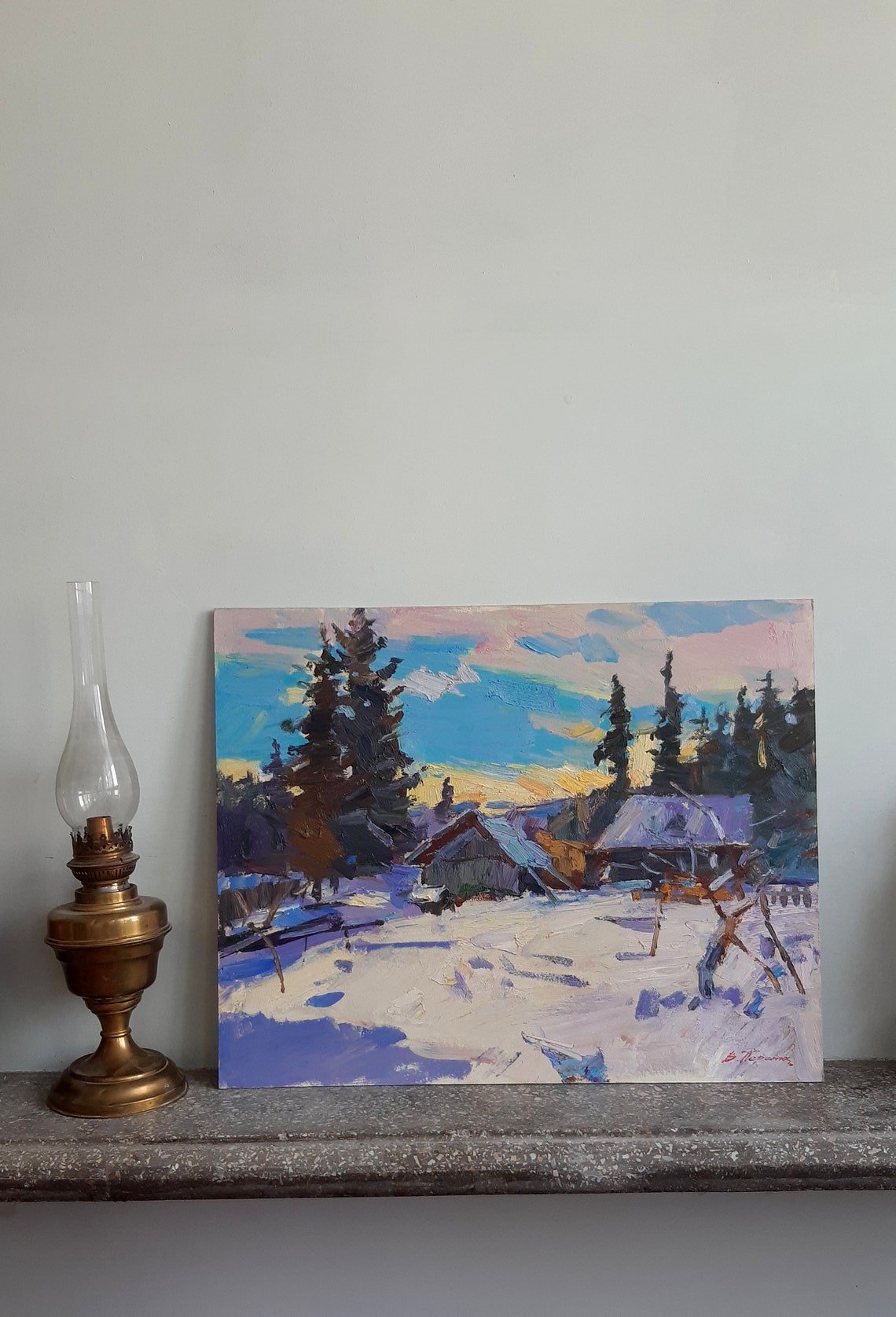 Winter Village Snow Dusk Blue Pink Sky Impressionist Oil Painting Art - Image 4