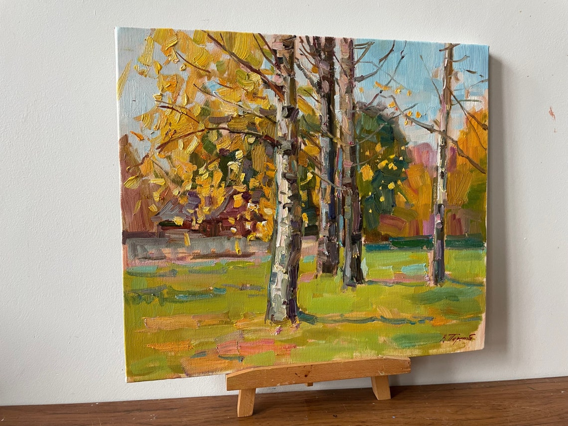 Autumn Park Birch Trees Golden Foliage Impressionist Oil Painting Art - Image 2