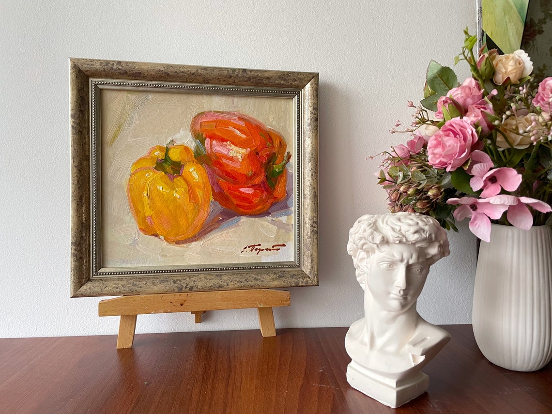 Yellow Red Bell Peppers Framed Still Life Oil Painting Kitchen Decor - Image 2