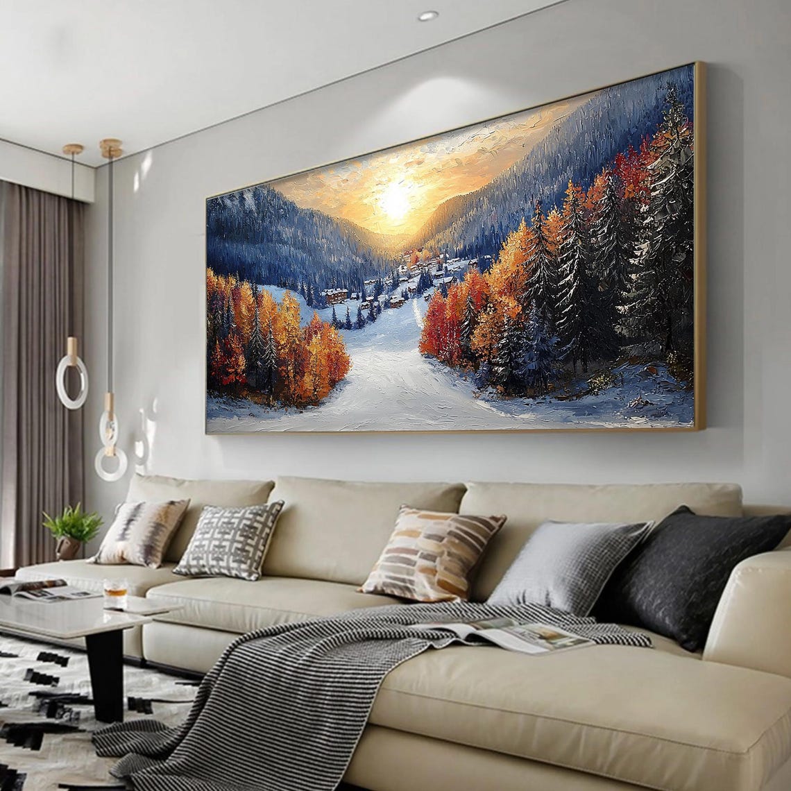 Golden Larch Valley Snow Village Sunset Impasto Winter Art Poster - Image 5