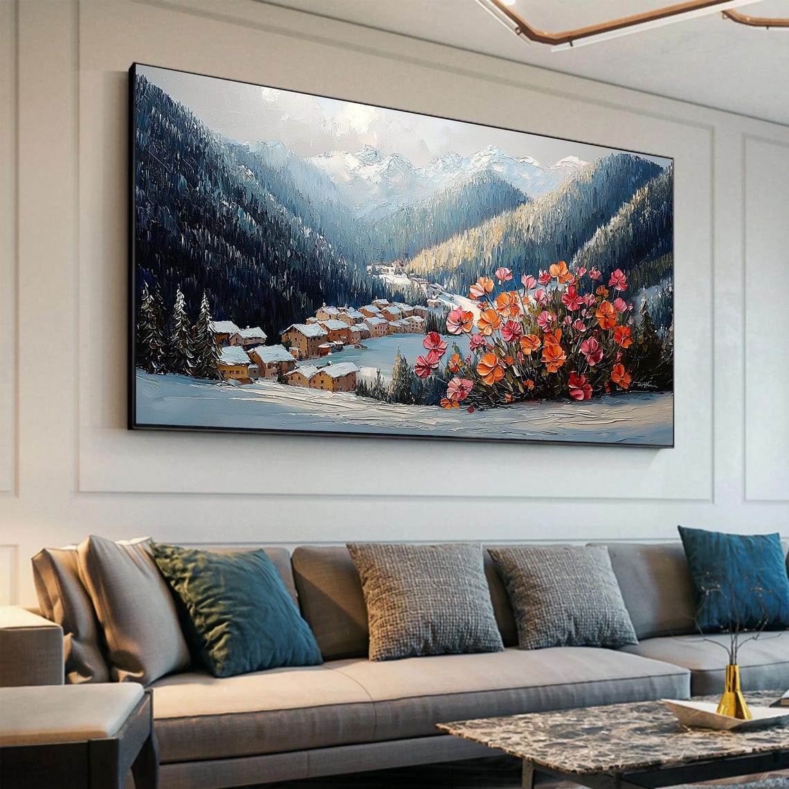 Snowy Alpine Village Pink Blossom Tree Winter Impasto Art Poster - Image 3