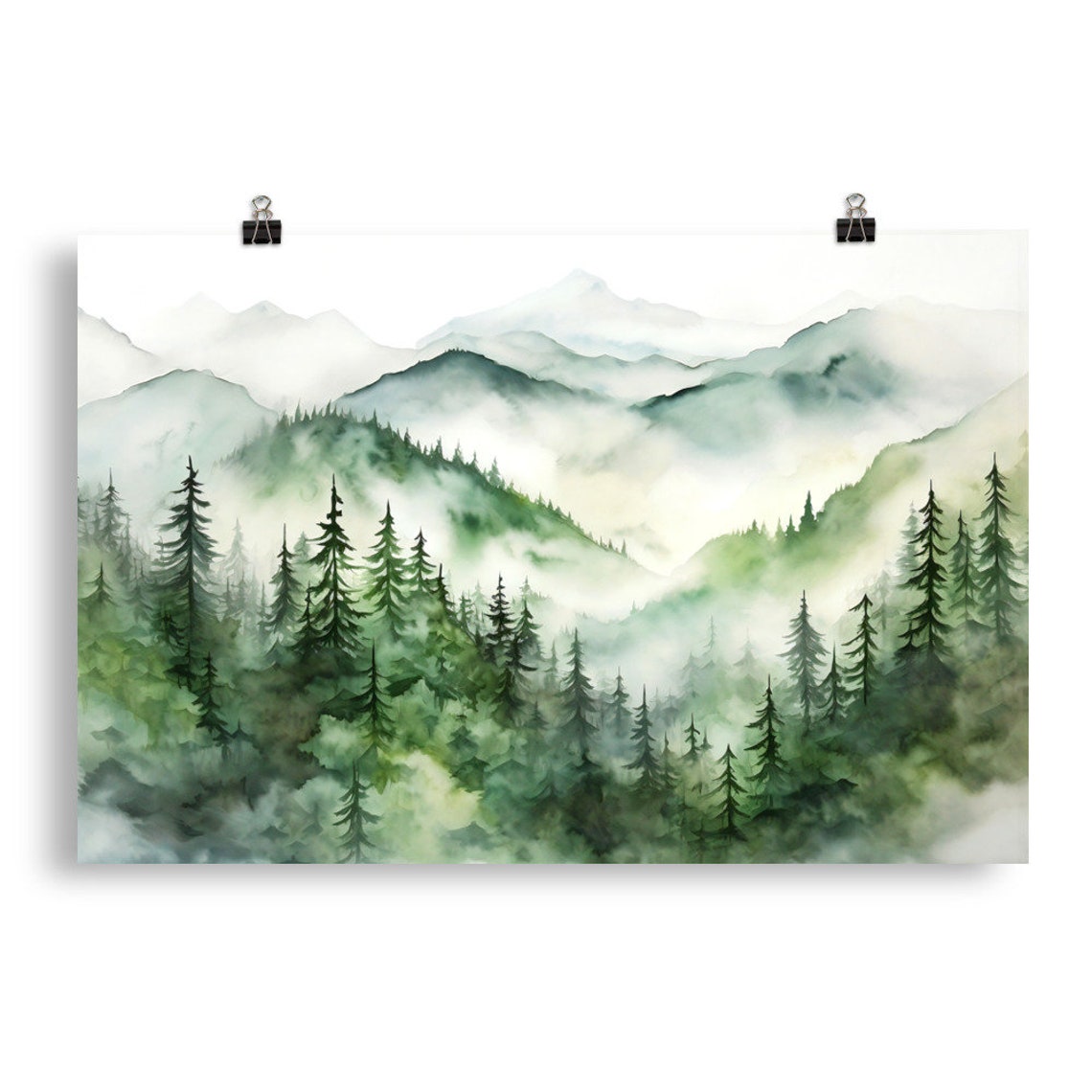 Misty Pine Forest Mountain Layers Panoramic Watercolor Wall Art - Image 5