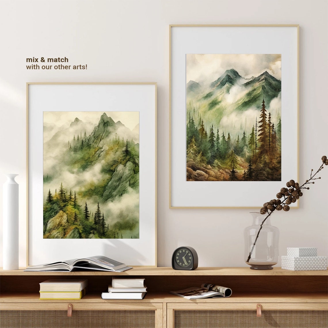 Misty Green Mountain Valley Pine Forest Sunrise Watercolor Poster - Image 4