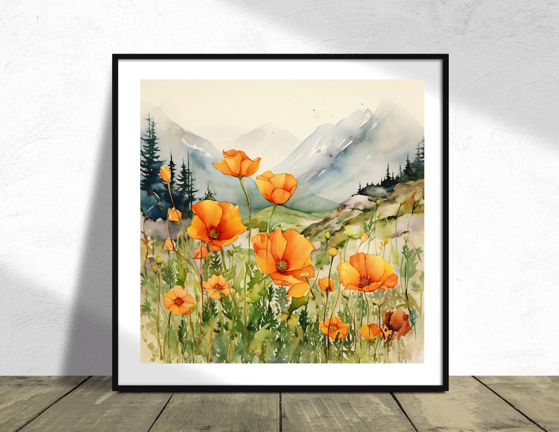 Summer Meadow Poppies Landscape Art Print - Image 4