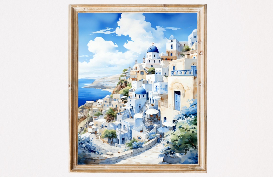 Santorini Greece Blue Dome Churches Cliffside Watercolor Art Poster - Image 2