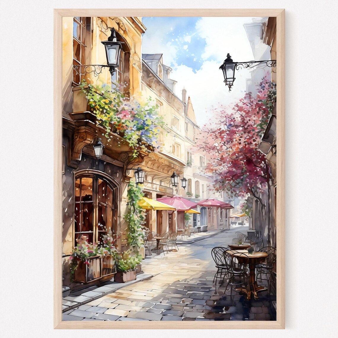 Charming European Street Cafe Flower Balconies Watercolor Poster