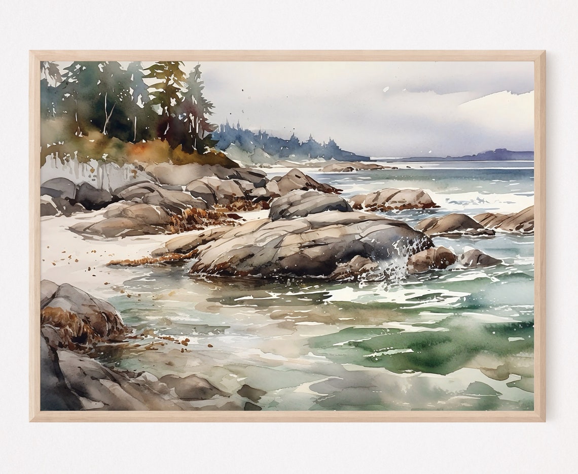 Rocky Shore Waves Crashing on a Pine Coast Watercolor Poster
