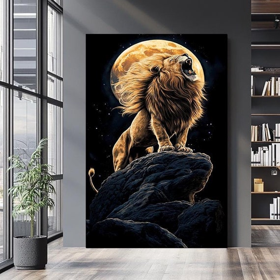 Lion Roaring At Moon Lion Moon Art Majestic Wildlife Wall Art For Bold And Dramatic Home Decor Wildlife Print