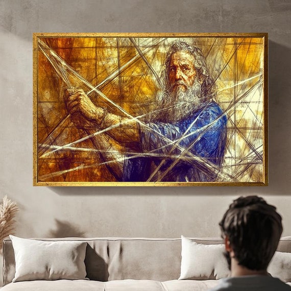 Abstract Old Man Portrait Art Expressive Sketch Drawing Rustic Mixed Media Artwork Thoughtful Vintage Wall Decor Golden Line Art
