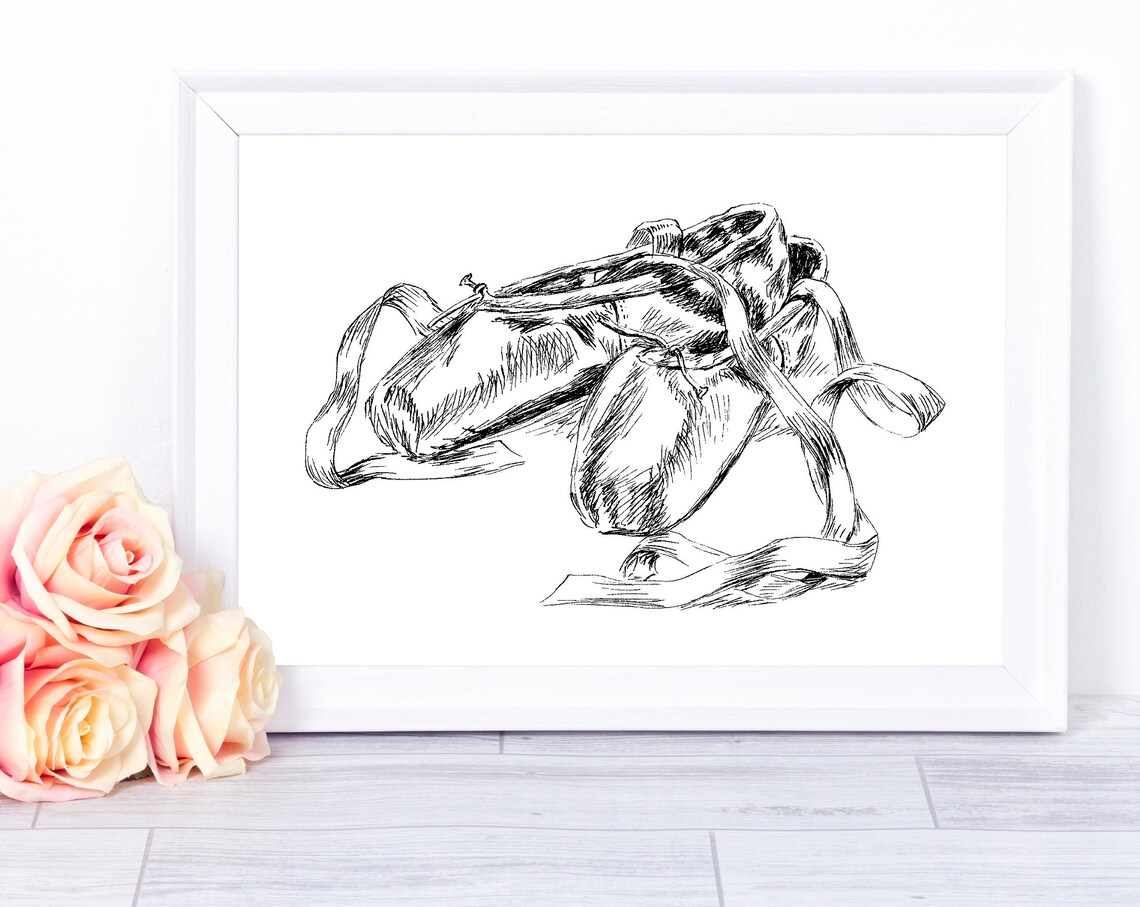Ballet Pointe Shoes Black And White Ink Sketch Dancer Nursery Decor Poster