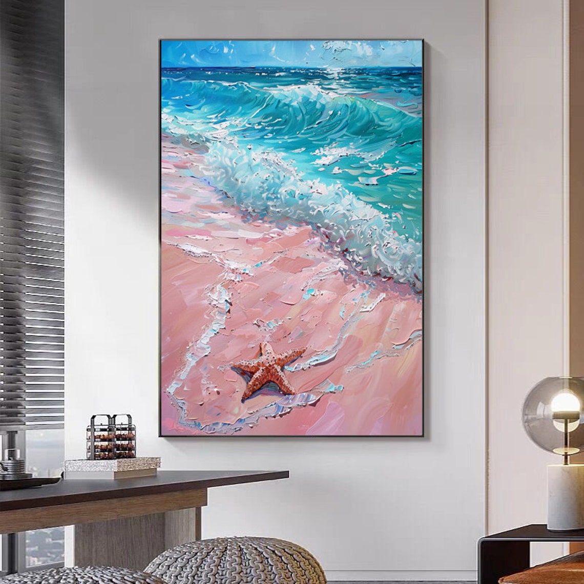 Turquoise Waves On Pink Sand Beach With Starfish Coastal Art Poster - Image 2