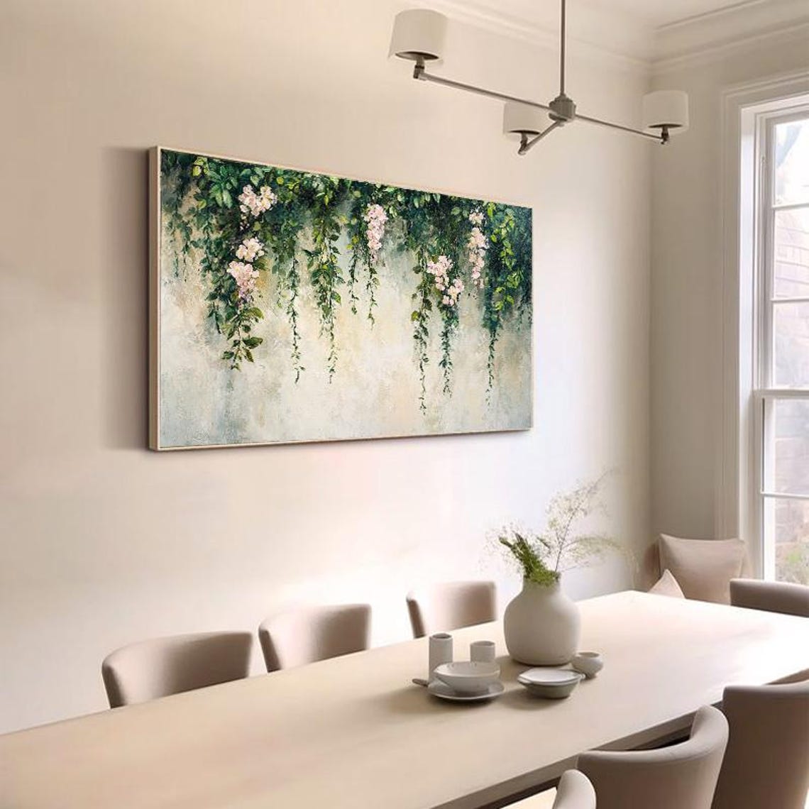 Hanging Green Vines With Pink Flowers Soft Botanical Art Poster - Image 5