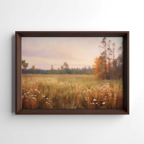 Autumn Meadow Oil Painting Of Tall Grasses Wildflowers Trees In Soft Pastel Colors Warm Evening Light