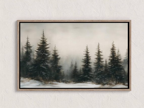 Vintage Winter Pine Forest Print Rustic Snowy Landscape Painting Antique Evergreen Dcor Farmhouse Wall Art