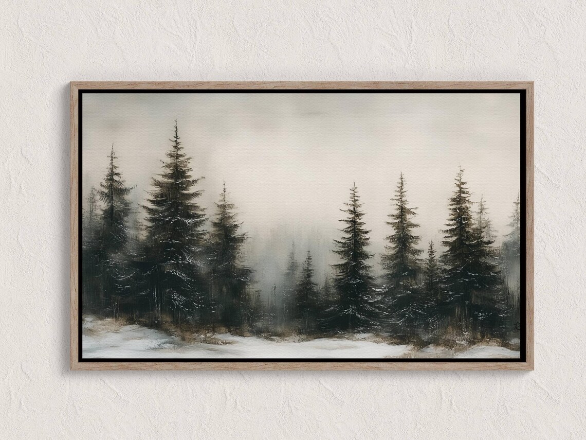 Vintage Winter Pine Forest Snowy Landscape Rustic Painting Poster