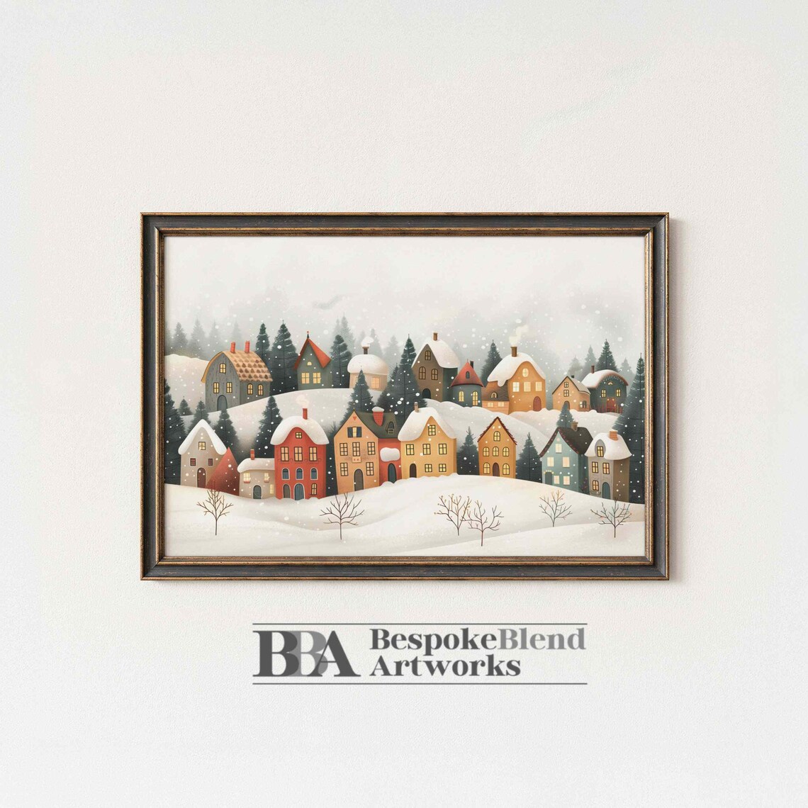 Snowy Winter Village Artwork Cozy Holiday Town Scene Scandinavian Print