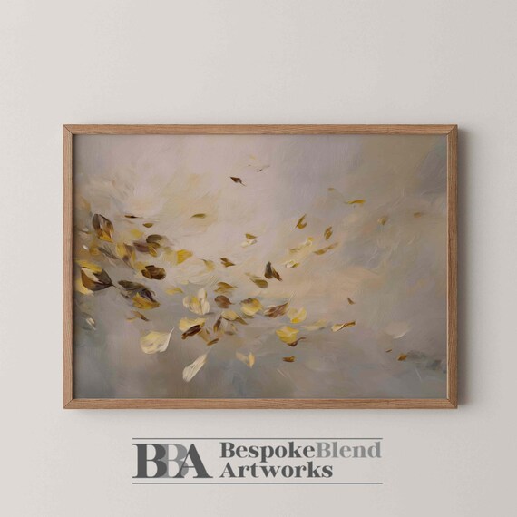 Falling Autumn Leaves Wall Art Abstract Nature Painting In Golden Tones For Cozy Fall Decor Or Seasonal Interiors