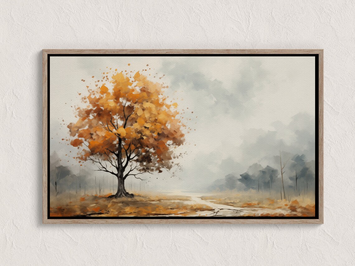 Golden Autumn Tree Misty Watercolor Fall Landscape Art Poster