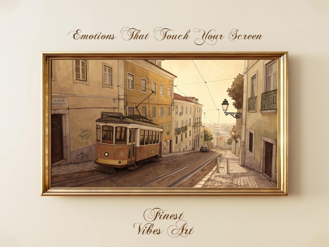 Lisbon Tram Art Vintage Portugal Street Scene European Travel Warm Toned Old City