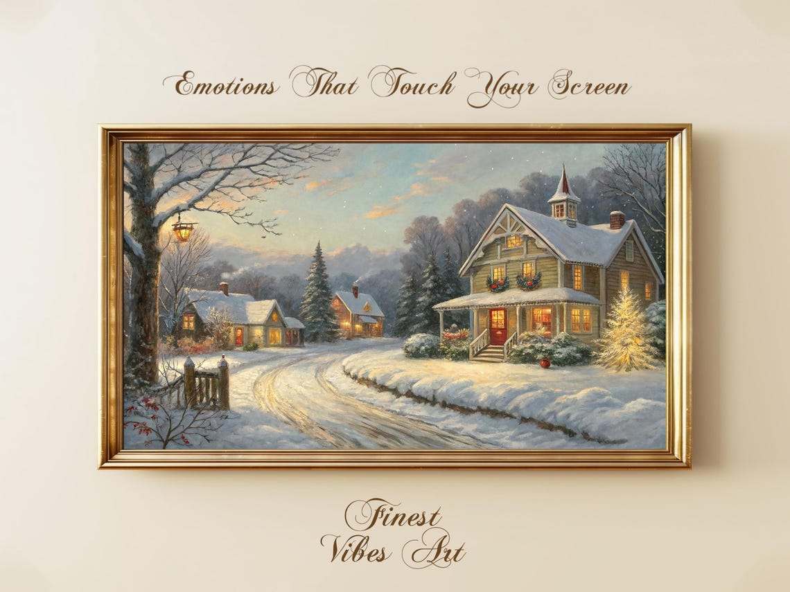 Cozy Snowy Christmas Village Cottage Warm Evening Lights Poster