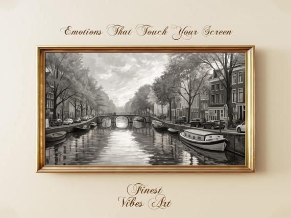 Black White Amsterdam Canal Art Frame Tv Monochrome European Cityscape Wall