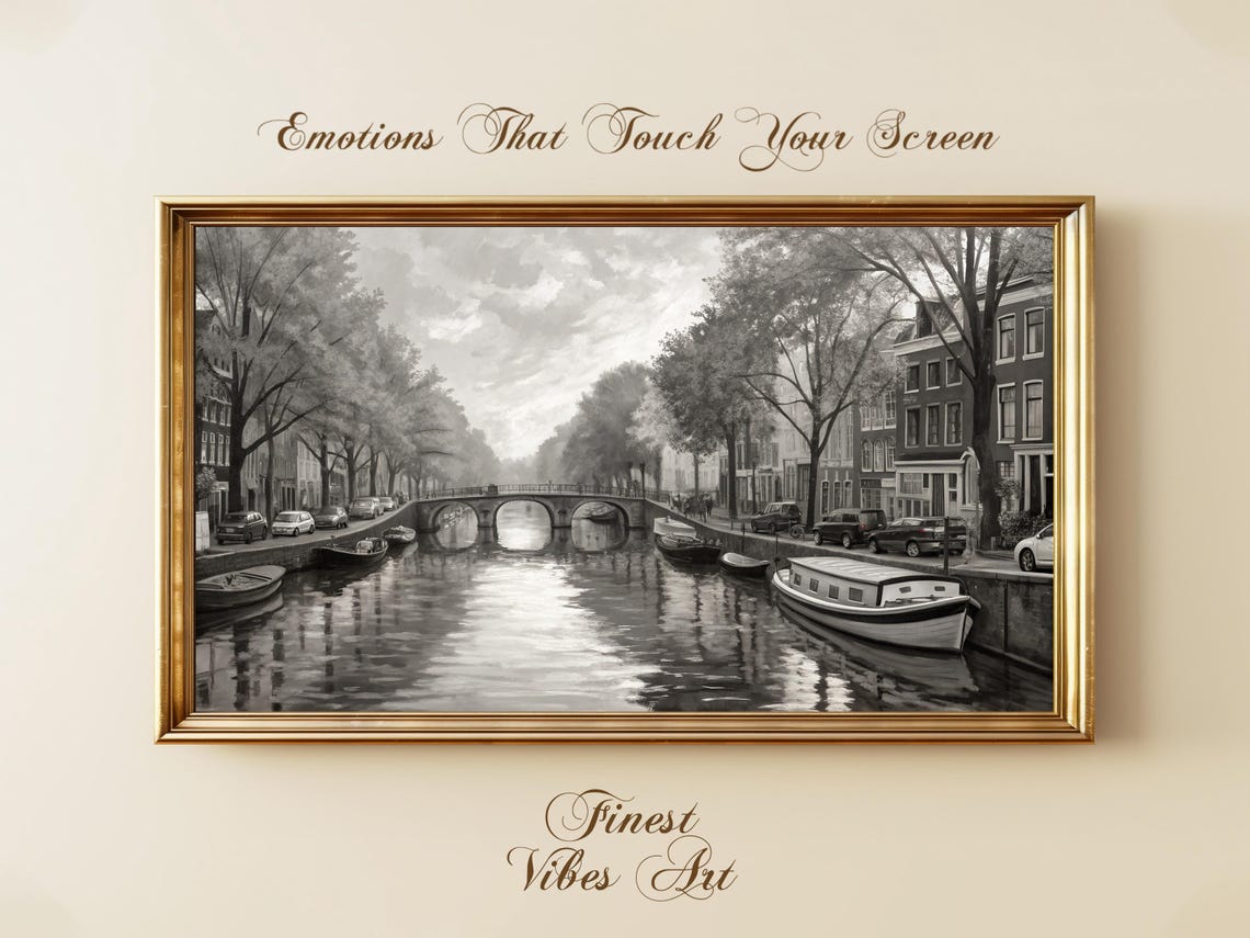 Black White Amsterdam Canal Art Frame Tv Monochrome European Cityscape Wall