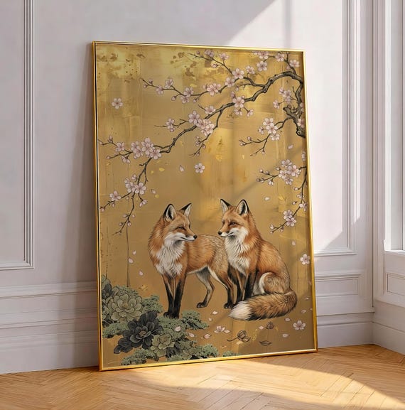 Cherry Blossom Fox Wall Art Japanese Gold Leaf Print Sakura Foil Style Oriental Painting Traditional Japandi Nature Asian Decor