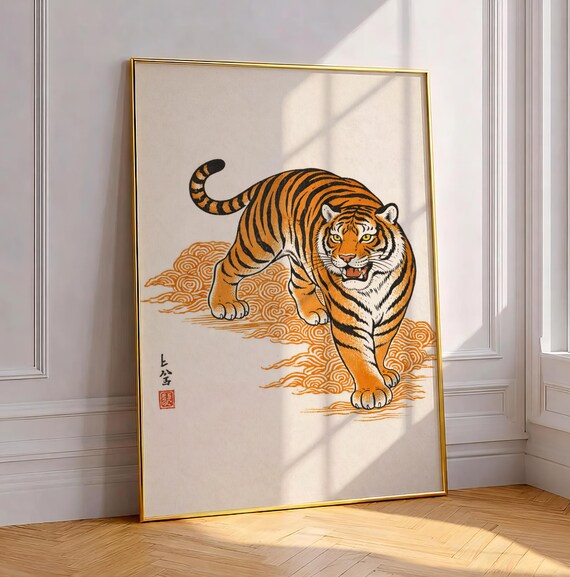 Japanese Tiger Art Print Woodblock Style Asian Decor Bold Vintage Animal Poster Japandi Wildlife Illustration Boho Zen Living Room Paint