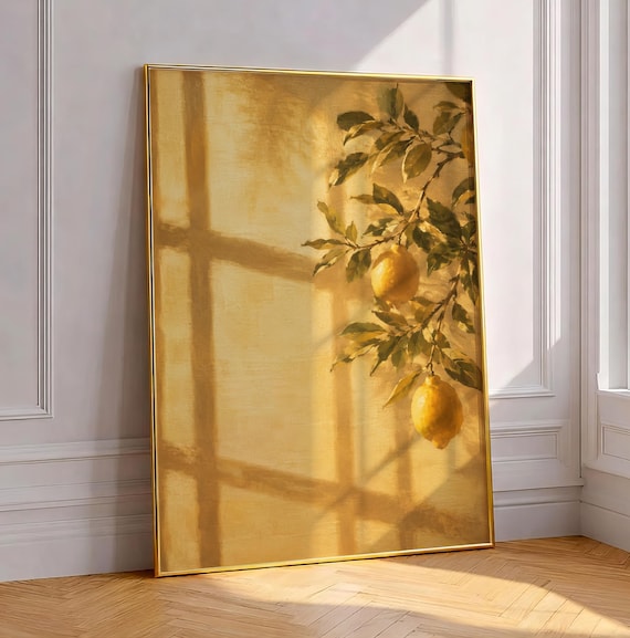 Golden Lemon Tree Branch Sunlit Plaster Wall Citrus Still Life Poster