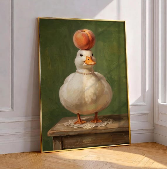 Funny Duck With Peach Painting Vintage Bathroom Goose Art Print Cute Humorous Farm Animal Poster Quirky Bath Or Cottagecore Kitchen Decor