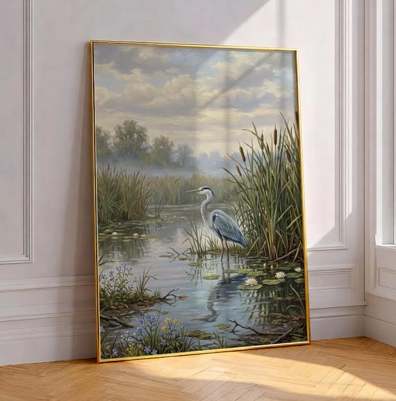 Coastal Heron Marsh Print Moody Wetland Landscape Art Vintage Botanical Bird Wall Decor Grandmillennial Nature Poster Digital Download