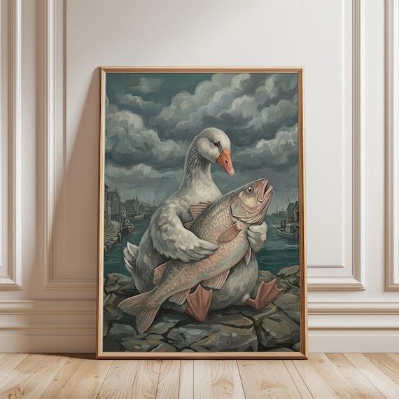 Goose Holding Giant Fish Harbor Whimsical Vintage Animal Oil Painting Poster