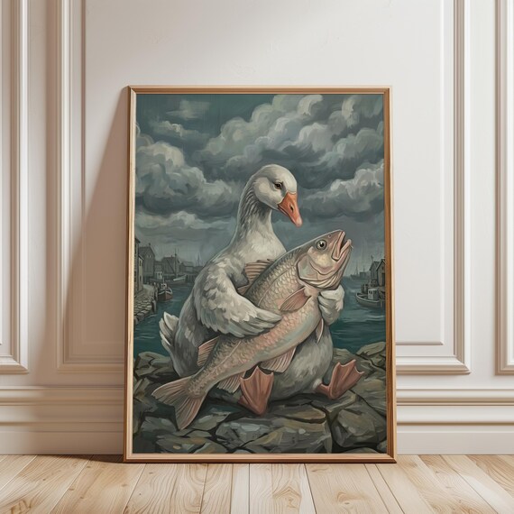 Goose With Fish Kitchen Wall Art Print Vintage Sardin Painting Moody Cottagecore Fishing Decor Dark Sea Bird Artwork Digital Download
