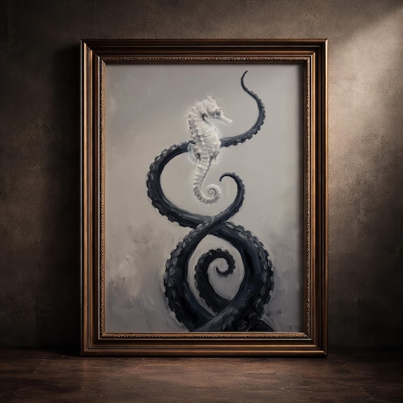 Moody Minimalist Coastal Art Print Surreal Octopus And Seahorse Painting Dark Academia Sea Creature Decor Monochrome Ocean Tentacle Poster
