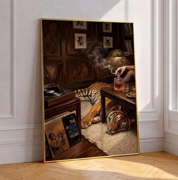 Tiger Record Player Wall Art Moody Listening Room Decor Jazz Lounge Print Dark Feminine Luxury Whiskey Bar Poster Vintage Vinyl Artwork