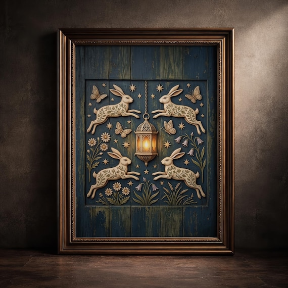 Celestial Rabbit Wood Carving Print Dark Cottagecore Hare Decor Whimsigoth Starry Lantern Folk Art Poster Moody Witchy Botanical