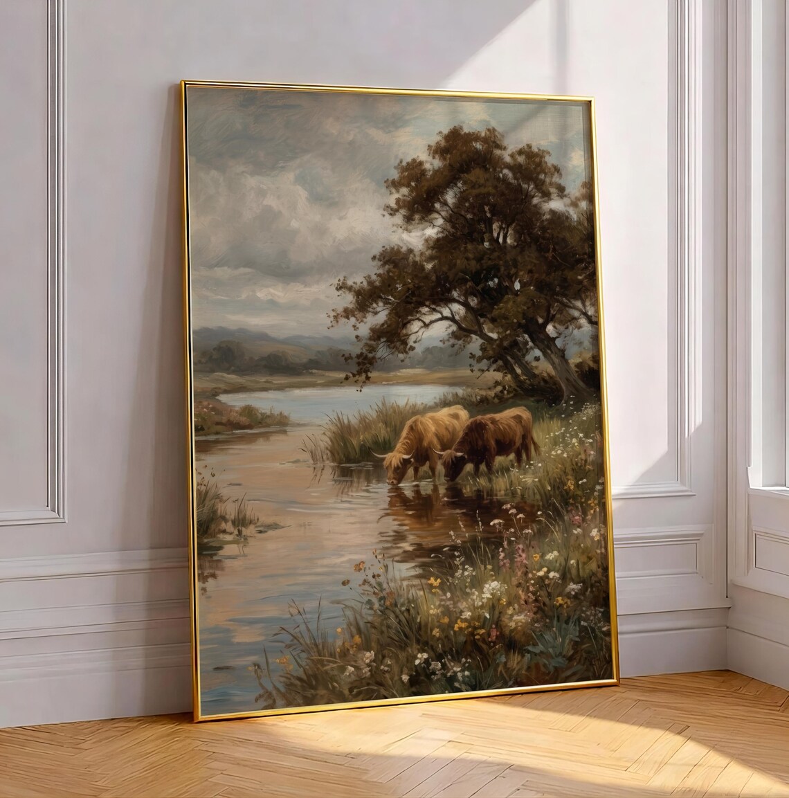 Highland Cow River Crossing Moody Vintage Country Oil Painting Poster