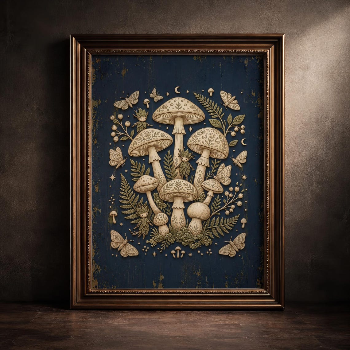 Celestial Mushroom Botanical Witchy Cottagecore Dark Blue Poster