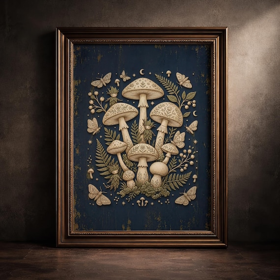 Celestial Mushroom Wall Art Printable Witchy Cottagecore Decor Dark Academia Botanical Print Gothic Forest Poster Digital Download