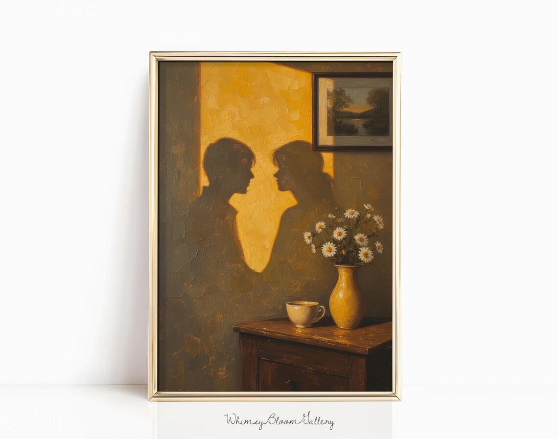 Couple Shadows on Golden Wall Daisies Vase Romantic Oil Painting Poster