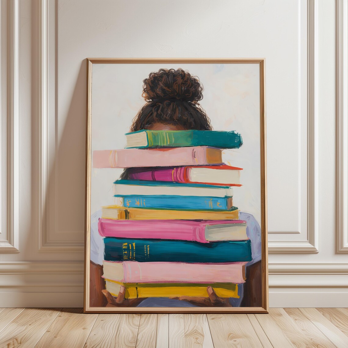 Girl With Stack Of Books Art Print, Bookish Portrait
