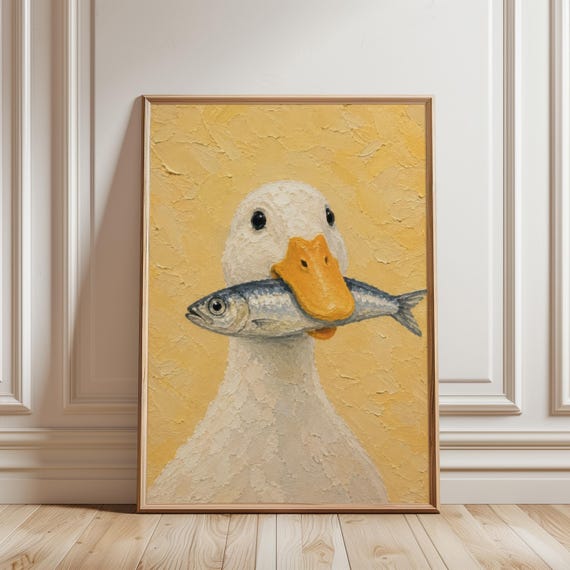 Whimsical Goose Holding Fish Art Print Funny Kitchen Decor Quirky Cottagecore Animal Poster Eclectic Impasto Painting Digital Download