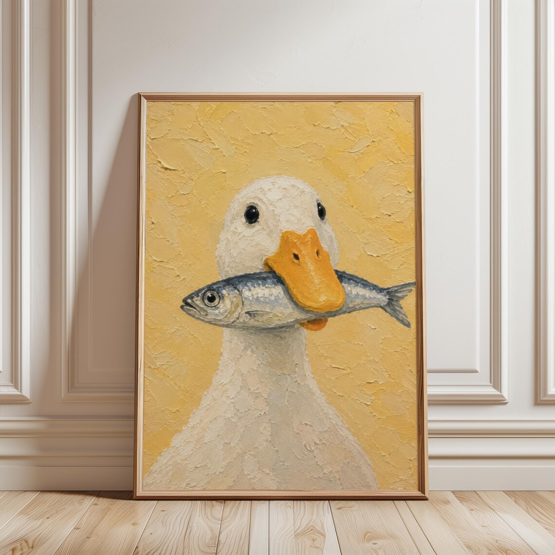 Cute White Duck Holding Fresh Fish Funny Impasto Painting Wall Art