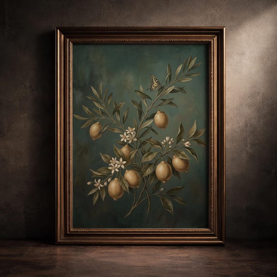 Moody Lemon Art Print Vintage Citrus Maximalist Decor Mediterranean Olive Branch Dark Botanical Grandmillennial Digital Download