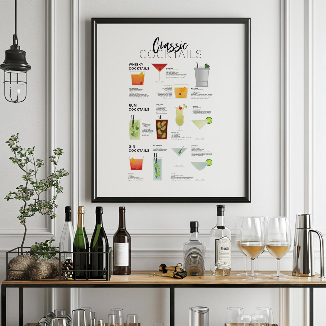 Classic Cocktails Recipe Art Print, Kitchen Decor