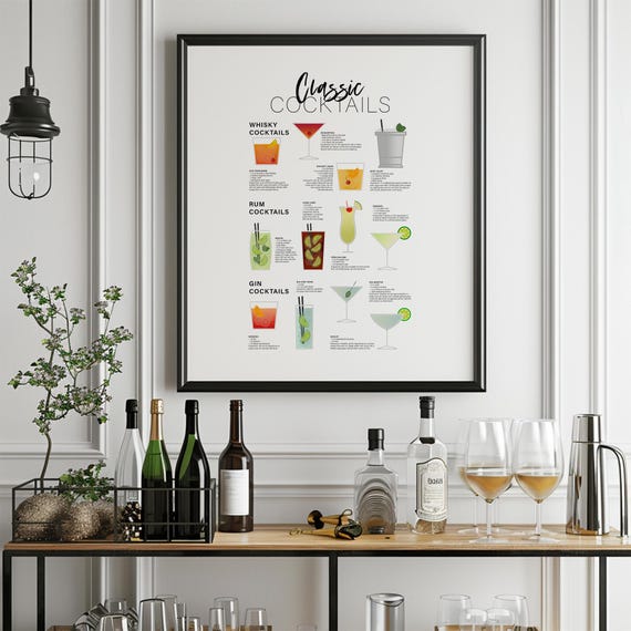 Classic Cocktails Recipe Art Print, Kitchen Decor