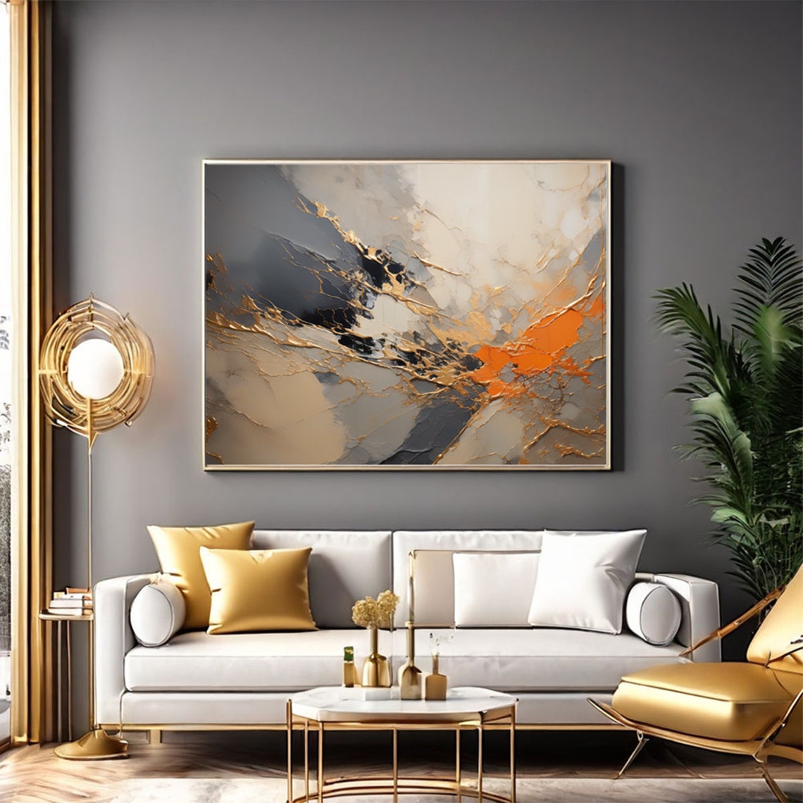 Burnt Orange Gold Abstract Texture Painting Grey Minimalist Poster - Image 2