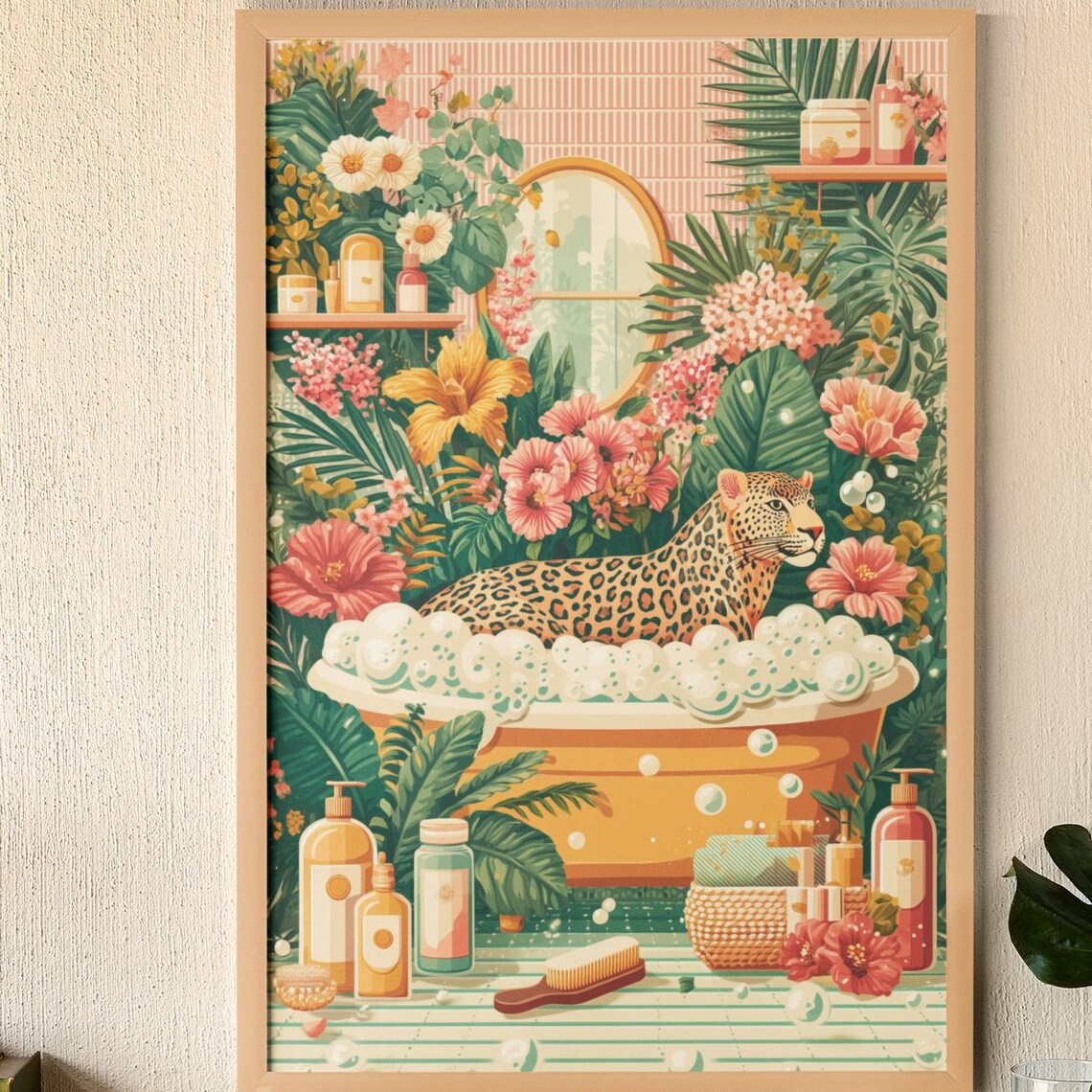 Whimsical Leopard Tub Poster, Jungle Bathroom Art