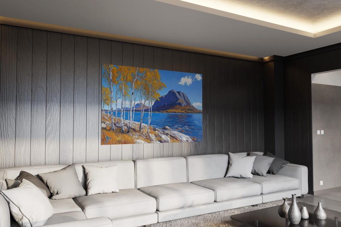 Golden Autumn Birch Trees Lakeside Mountain Landscape Poster - Image 3